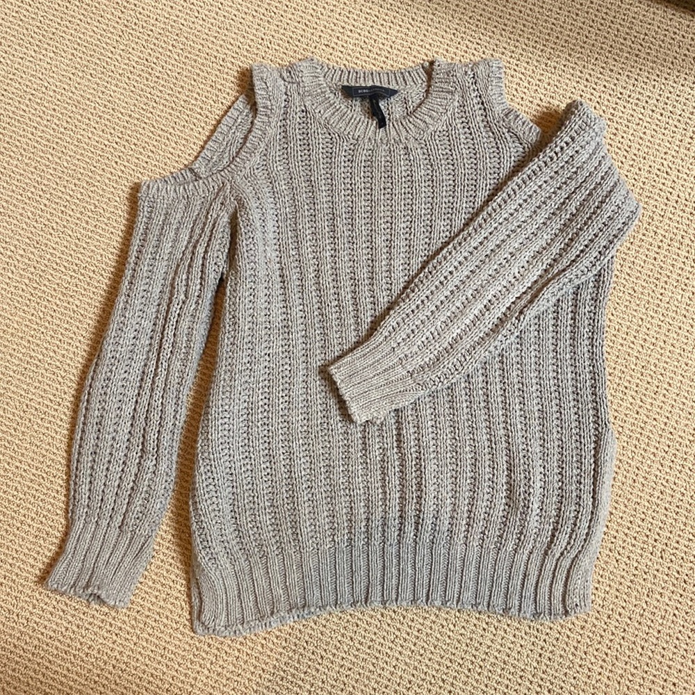 BCBG Beige Cotton Knit Cold Shoulder Sweater